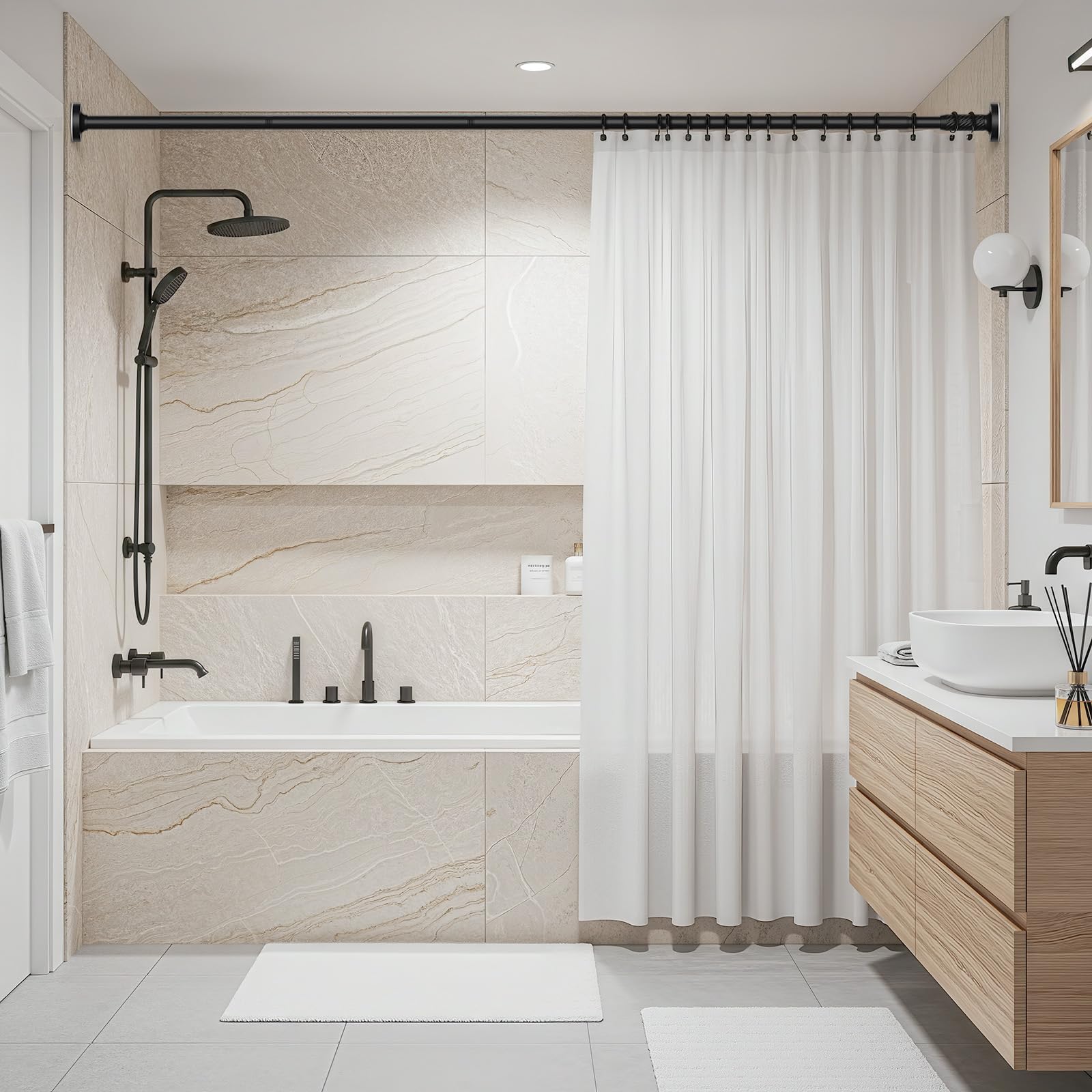 Tension Curtain Rod 32-90Inch Black Tension Rod Adjustable Curtain Rods No Drilling Spring Rods Shower Rods for Bathroom,Windows,Closets,Doorway,Patio
