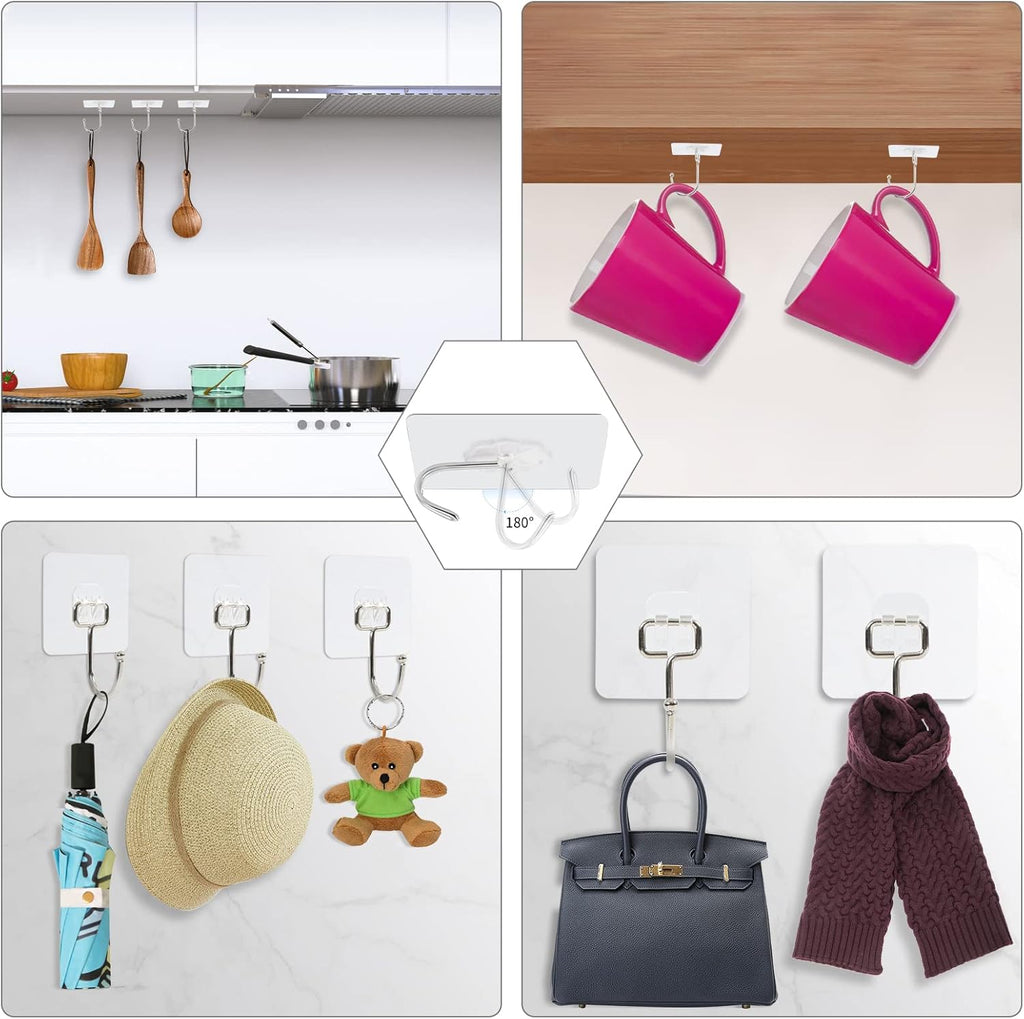 Skiennix Large Adhesive Wall Hooks - Heavy Duty 33lb Max Capacity | Waterproof Transparent Design for Easy Hanging