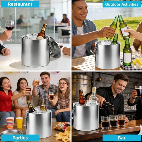 Chefbee 3L Double-Wall Stainless Steel Ice Bucket and 4 Pack Kitchen Sink Drain Strainer