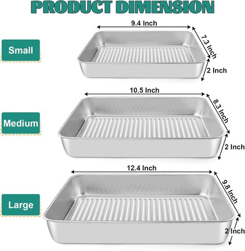 E-far Stainless Steel Baking Pans Set of 3 - Non-Toxic, Dishwasher Safe, Rectangle Trays 12.5/10.5/9.4 Inch