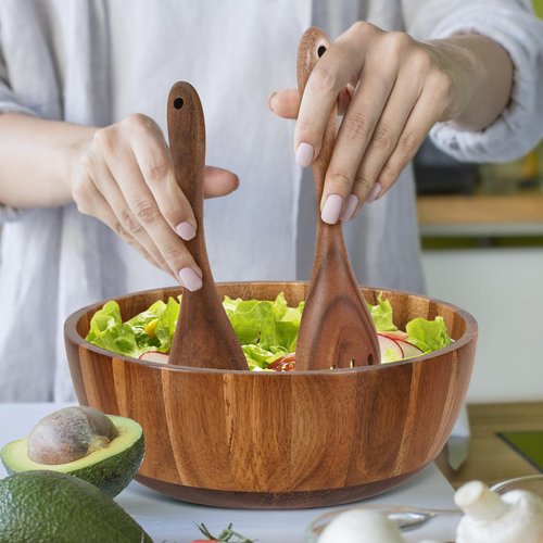 MYRAINBOW Wooden Salad Bowl Set 11.8 Inch – Acacia Large Wood Salad Bowl with Wooden Serving Utensils, Big Salad Bowls for Fruits, Food Serving & Hosting Family Gatherings