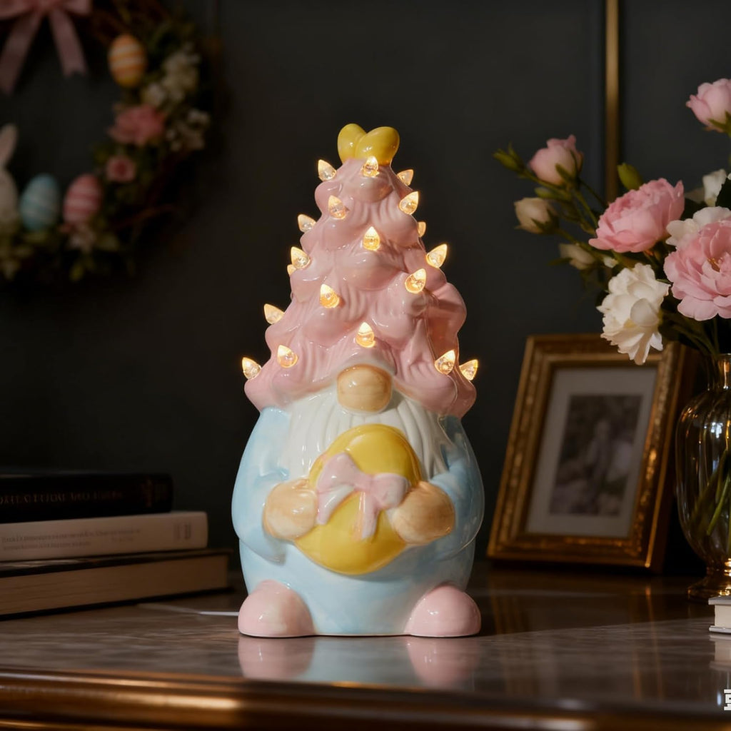 WDS Wondrous Lighted Gnome Figurine - Ceramic LED Easter Decor with Pink Hair & Egg | Spring Table Centerpiece
