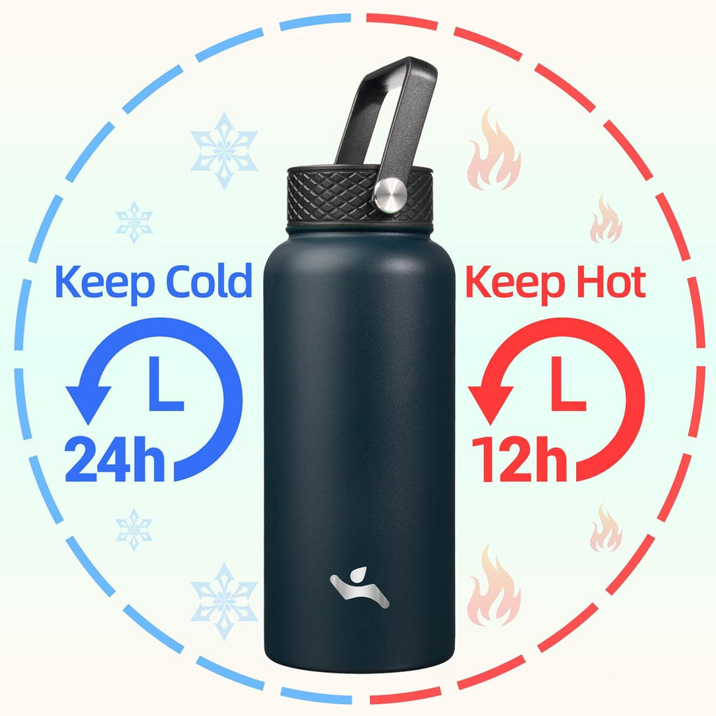 Skiennix 32 Oz Insulated Stainless Steel Water Bottle - Versatile Sport Bottle with 3 Lids | Navy Blue