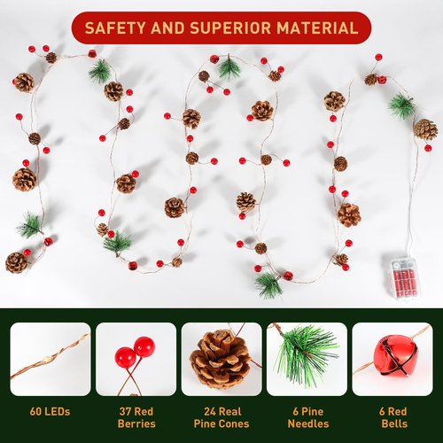 Pechfun Christmas Garland with Lights, 9.8 Ft 60 LED Red Berry Pine Cone Battery Operated Christmas Garland with 8 Modes Remote for Fireplace Stairs Table Door Wall Xmas Tree Indoor/Outdoor Decor