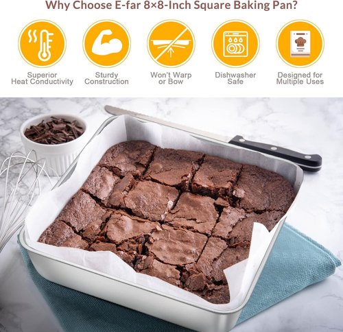E-far Stainless Steel Square Cake Pan Set - 3-Piece Non-Toxic Bakeware | Easy Clean & Dishwasher Safe