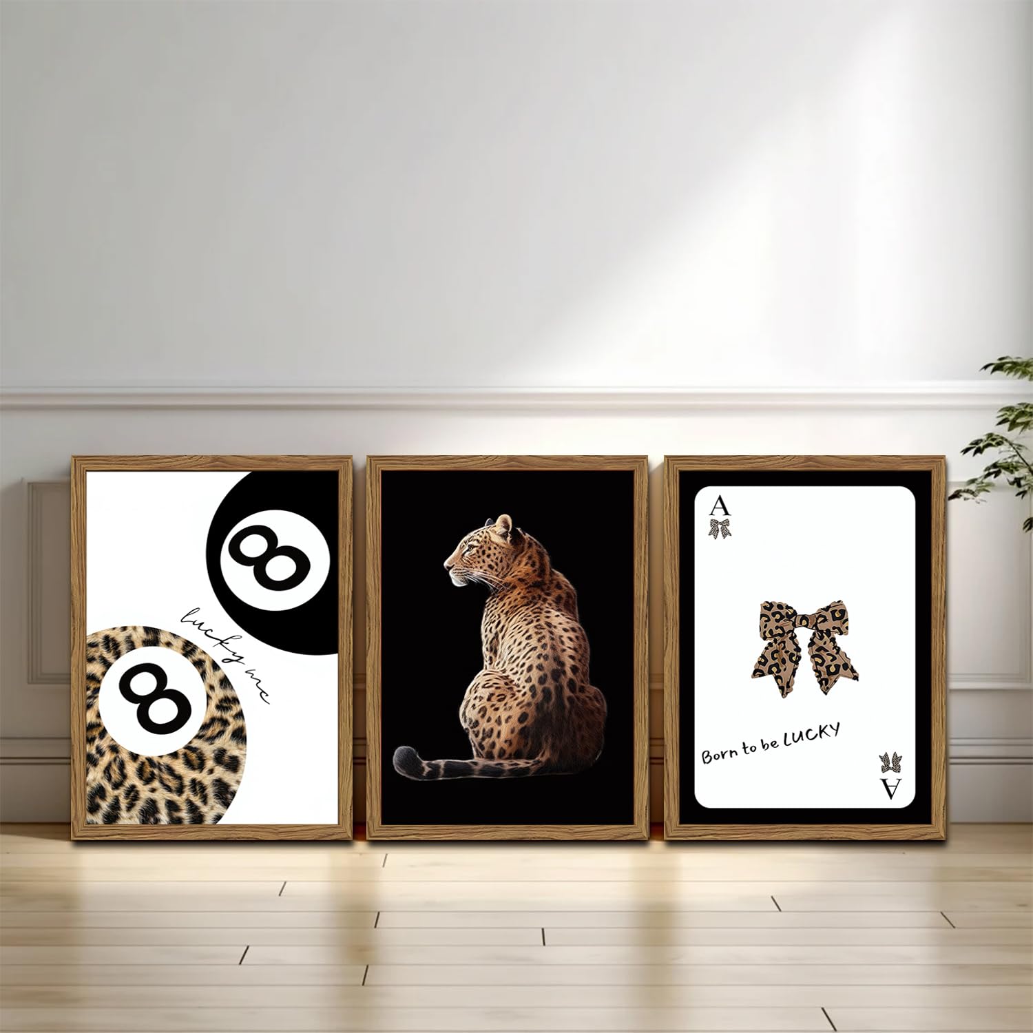 Trendy Cheetah Wall Art Set of 3 Black and White Leopard Bow Wall Decor Painting Lucky 8 Ball Poster Canavs Print Aesthetic for Bedroom Living Room 16x24 inch Wood Framed