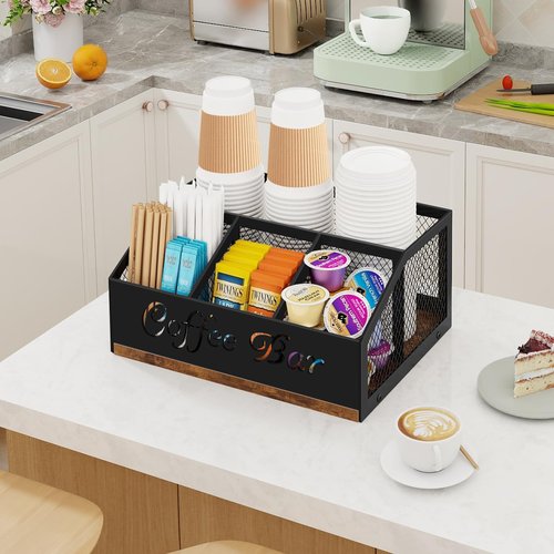 BCOZLUX Coffee Station Organizer, Rustic Brown Wooden Countertop Coffee Bar Accessories Organizer with Metal Mesh Compartments for Pods, Syrup, Cups, Stirrer, Tea