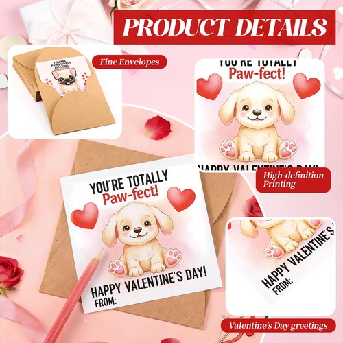 Tinlade 24 Pack 4.3 x 4.3″ Dog Valentines Cards with Envelopes Dog Valentines Day Cards Bulk for Classroom Adorable Design with Printed Message Inside for Teachers Students Coworker Family Friend
