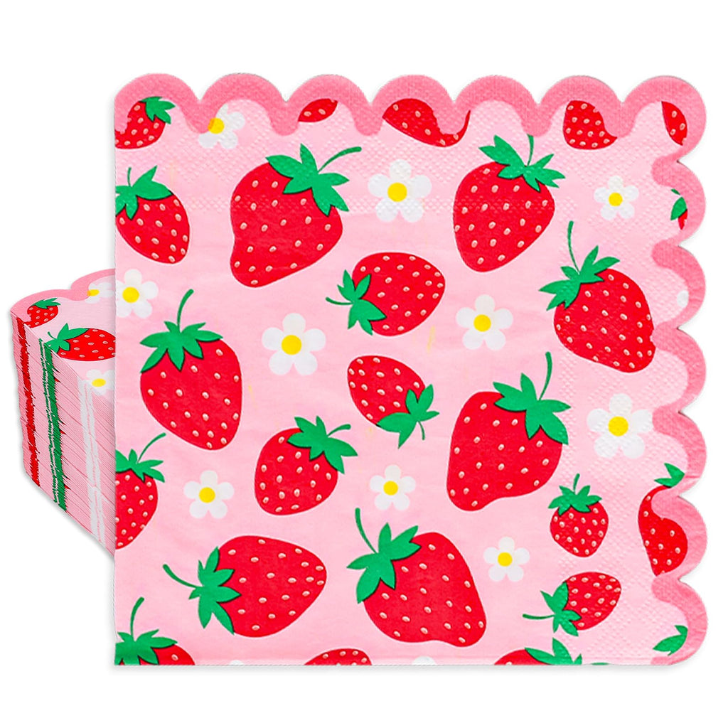 Whaline 50 Pcs Strawberry Scalloped Paper Napkins Pink Red Strawberry Flower Disposable Napkins Summer Fruit Luncheon Dinner Napkin for Birthday Party Table Supplies
