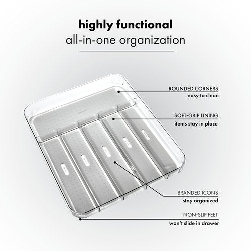 madesmart Premium Clear Silverware Tray, 6 Compartment Flatware Organizer for Forks, Knives & Spoons, Soft Grip Lining & Non Slip Base, Grey