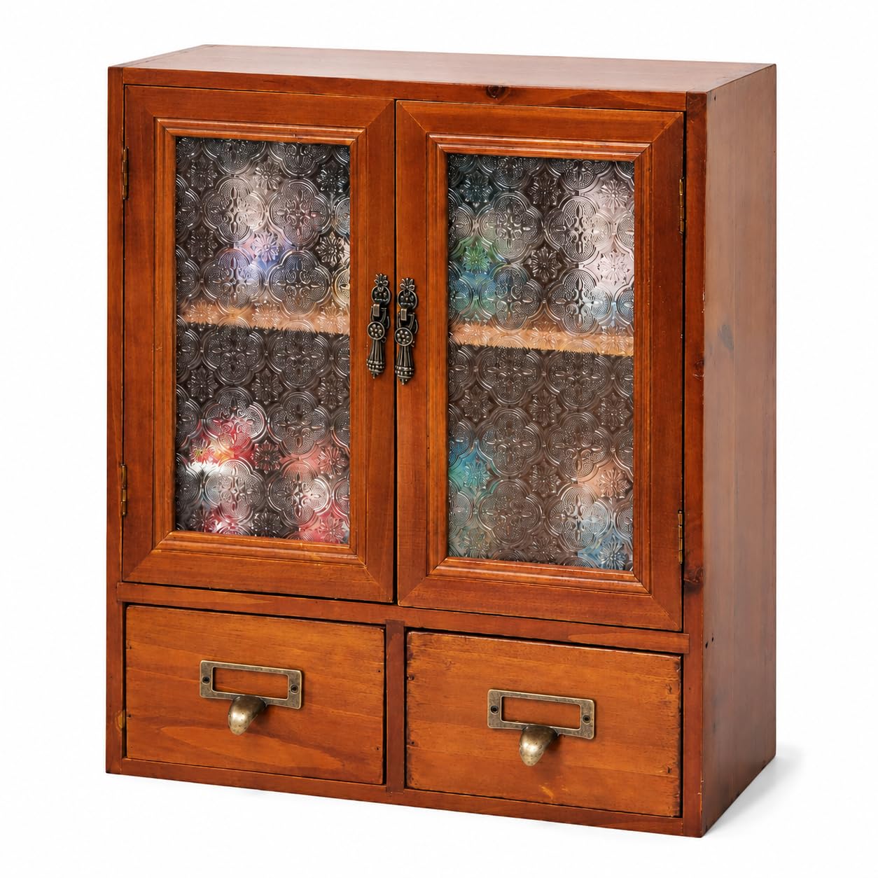 Geometric Motif Mahogany Storage Cabinet with Floral-Embossed Pressed Glass Doors – Victoria Floral Patterned Display Cupboard with 2 Drawers for Kitchen, Pantry and Countertop Organization
