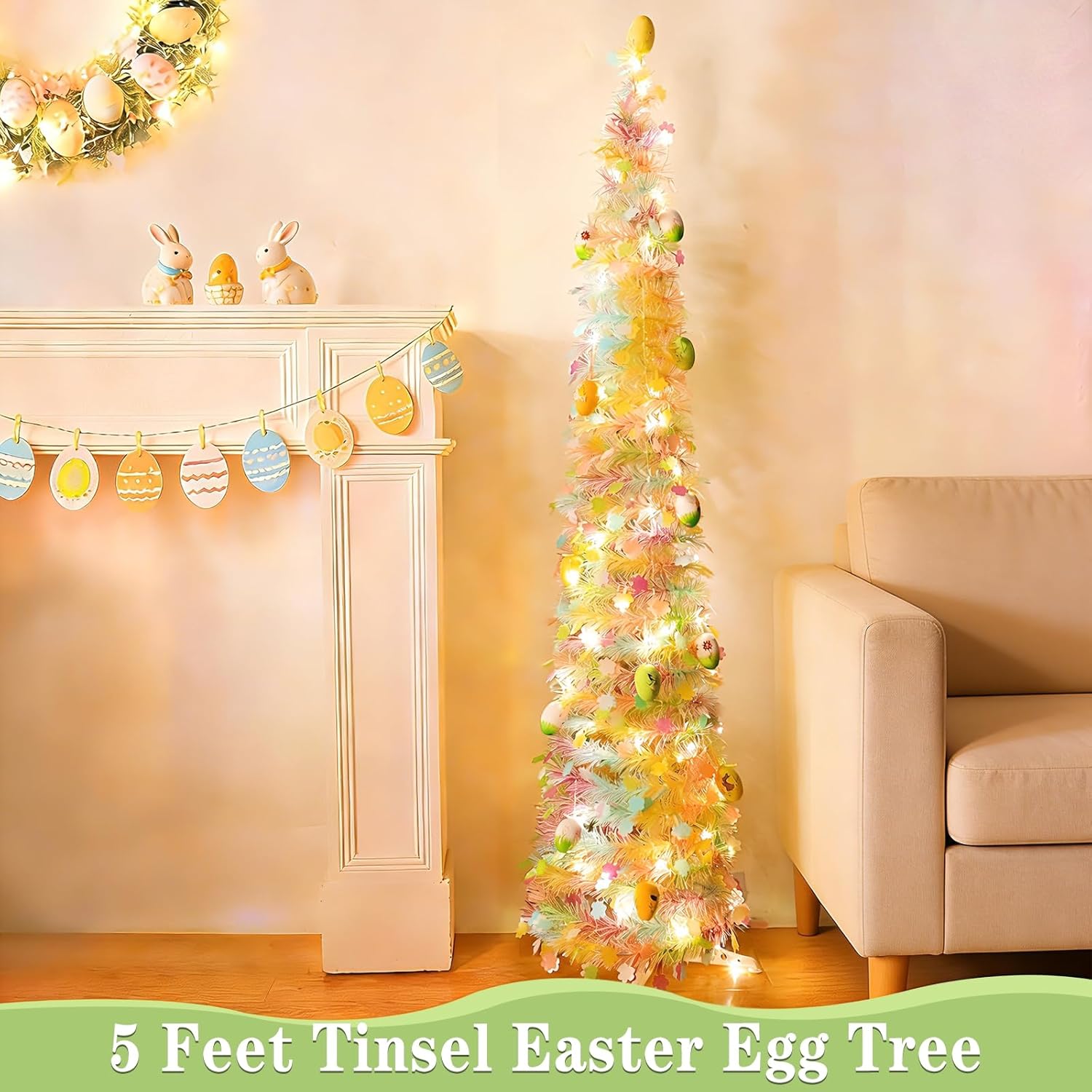 Skiennix 5Ft Lighted Easter Tree - 50 LED Warm White Lights & Colorful Eggs | Battery Operated, Collapsible Design for Home & Party Decor