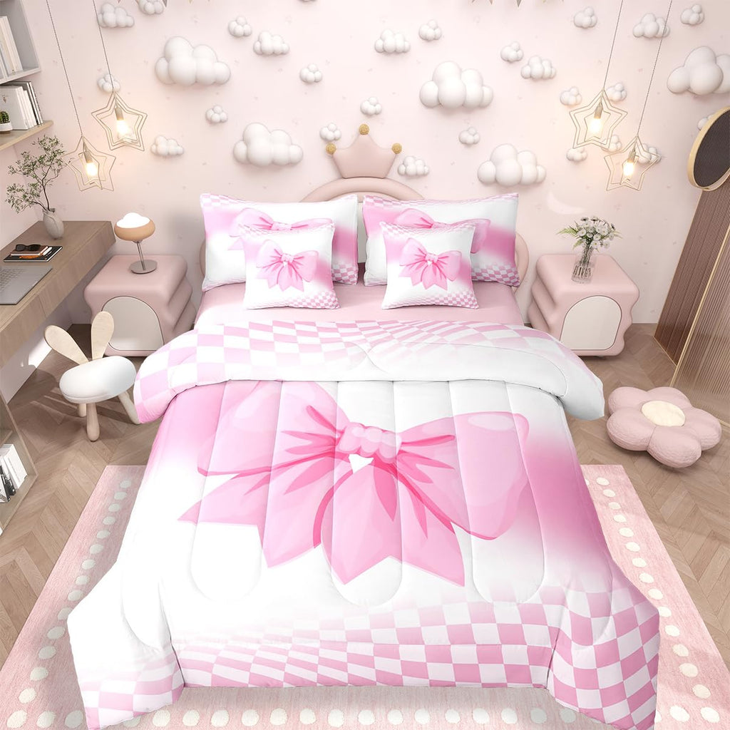 Erosebridal Pink Bow Comforter Set 7 Piece Bed in A Bag Twin,Princess Bowknot Coquette Bedding Sets White and Pink Plaid Bows Comforter and Sheets for Cute Girls Women Dreamy Kawaii Room Decor