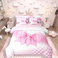 Erosebridal Pink Bow Comforter Set 7 Piece Bed in A Bag Twin,Princess Bowknot Coquette Bedding Sets White and Pink Plaid Bows Comforter and Sheets for Cute Girls Women Dreamy Kawaii Room Decor