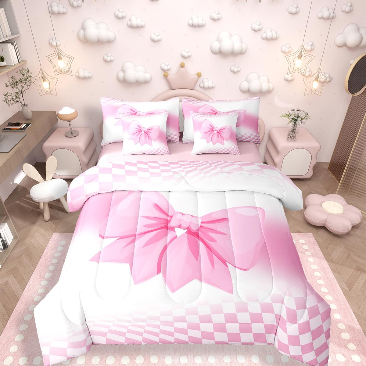 Erosebridal Pink Bow Comforter Set 7 Piece Bed in A Bag Twin,Princess Bowknot Coquette Bedding Sets White and Pink Plaid Bows Comforter and Sheets for Cute Girls Women Dreamy Kawaii Room Decor