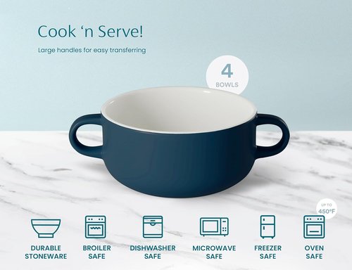 Kook Soup Crocks - Ceramic Bowls for Casserole & Pasta - Oven, Microwave & Dishwasher Safe - 18 oz, Set of 4 (Navy)