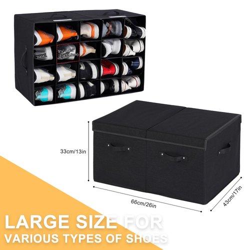 FBBABB Large Shoe Organizer for Closet Fits 20 Pairs, Shoe Storage Box Bins Containers with Lid and Adjustable Dividers for Shoes, Sneakers and High Heeled, Hard Shell and Stackable （Black）