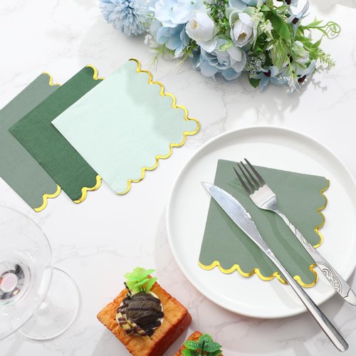 Saypacck 100 Pack Scalloped Cocktail Napkins with Gold Foil Accents Beverage Napkins Scalloped Disposable Paper for Wedding Shower Baby Dinner Birthday Party Supplies 5 x 5''(Green)