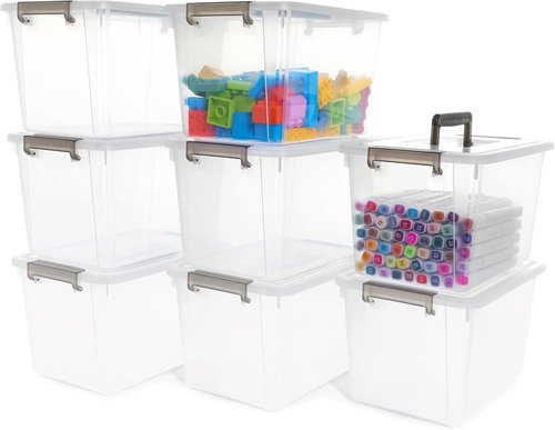 Citylife 6 QT Plastic Storage Bins - 8 Pack Clear Containers with Latching Lids & Handles for Organizing