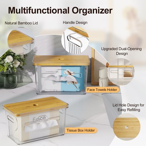 2 Pack Trash Bag Holder with Bamboo Lid, Stackable Acrylic Trash Bag Dispenser Roll Holder Under Sink, Plastic Container Garbage Bags Storage Organizer for Kitchen, Pantry, Laundry Room Organization