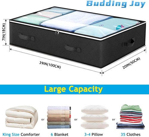 Budding Joy 90L Under Bed Storage Containers - Foldable Organizers for Blankets, Towels & More | Black