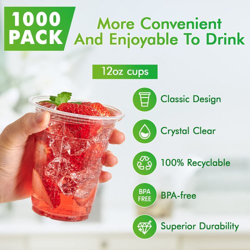 Lilymicky 1000 Pack 12 oz Clear Plastic Cups, PET Disposable Drinking Cups, Crystal Clear, Perfect for Ice Coffee, Smoothie, Soda, or Any Cold Drinks