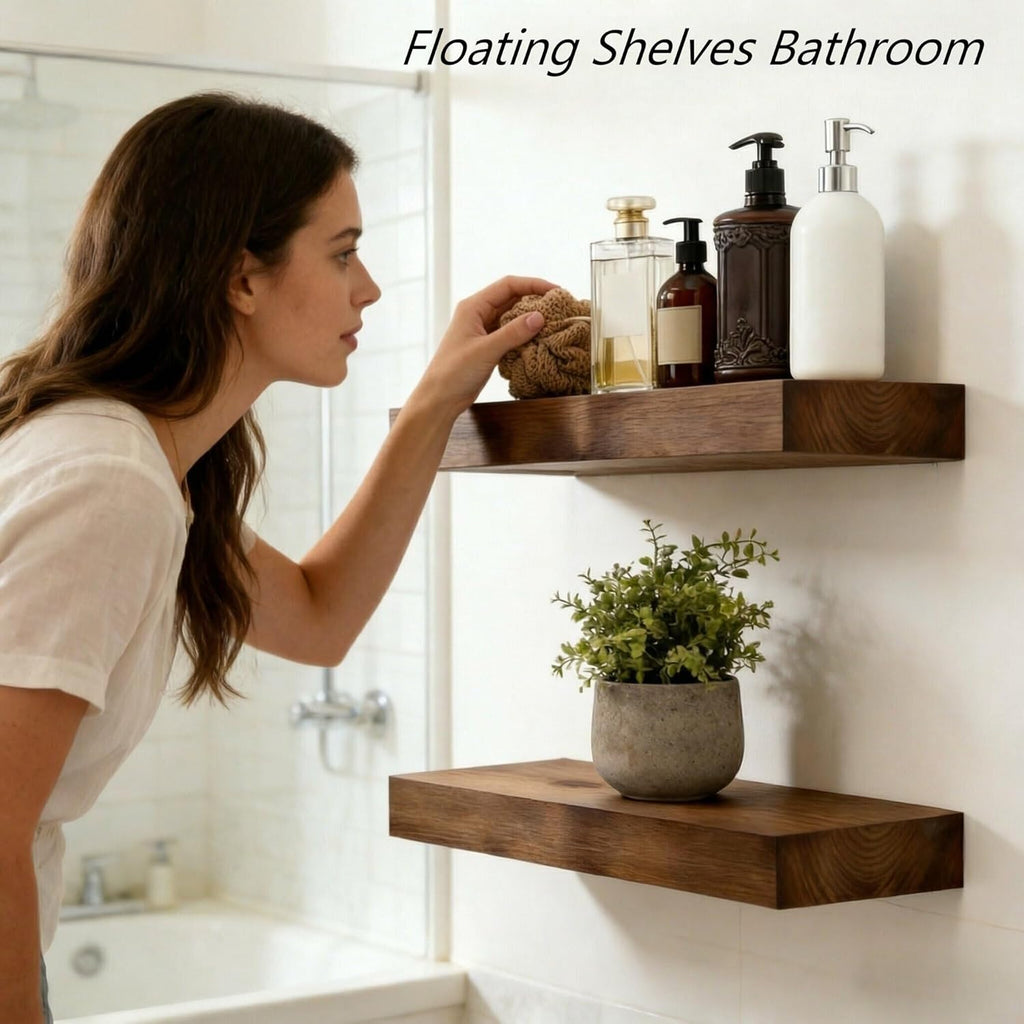 BBE Floating Shelves - Rustic Walnut Wall-Mounted Storage | 16 Inch Set of 2 for Bathroom, Living Room, Kitchen