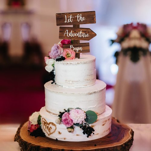 Party to Be Let the Adventure Begin Cake Topper in Wood Rustic Cake Decoration for Wedding & Baby Shower