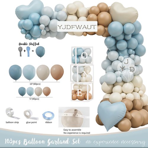1st Birthday Decorations for Boy, First Birthday Party Supplies, Baby Boy First Bday Decorations, Balloon Boxes, Backdrop, High Chair Banner, Crown, Photo Banner