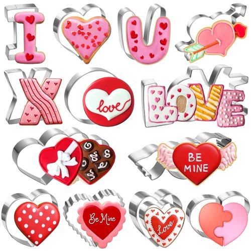 Lezmarket 15 PCS Valentine's Day Cookie Cutters Set, Stainless Steel Cookie Cutters for Wedding Valentine Anniversary Party, Multi-shape - Hearts, Love, I, X, U, Double Heart, Arrow Through Heart