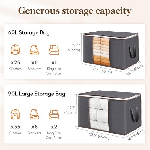 Lifewit 60L Clothes Storage Bins - 4 Pack Foldable Bags with Lids & Clear Window for Easy Organization