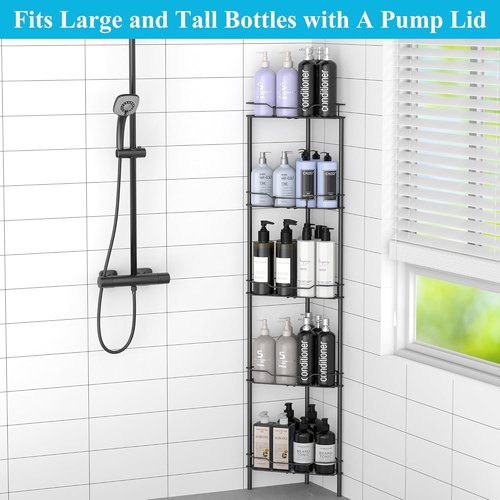 HuggieGems 5-Tier Corner Shower Caddy Organizer - Stylish Matt Black Bathroom Shelf with Hooks