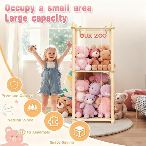 Natural Pine Wood Stuffed Animal Storage by [Brand Name] - Tall Plushie Playhouse with Elastic Cords for Kids' Rooms