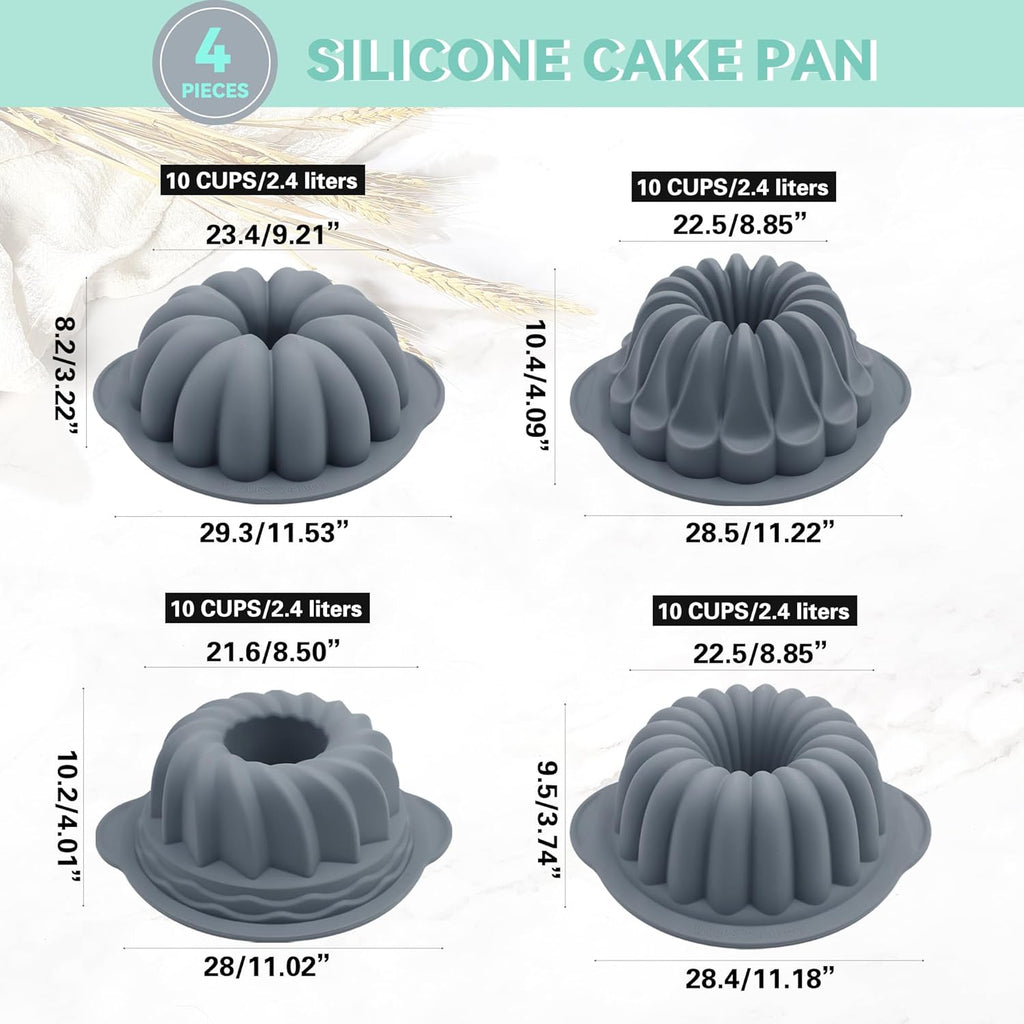 Tongjude Silicone Fluted Tube Cake Pans - 4-Piece Non-Stick Baking Set for Cakes, Jello & Bread - Grey