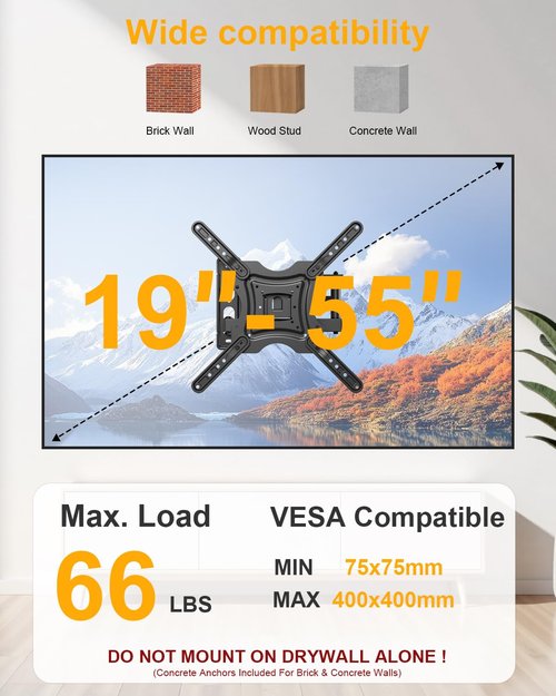 XVCAS Full Motion TV Wall Mount,vesa Monitor Mount Tv Brackets for 19-55 Inch LED LCD Flat Curved Screen TVs/Monitors,Universal Mount with Swivel and Tilt,Max VESA 400X400 mm, 66 lbs