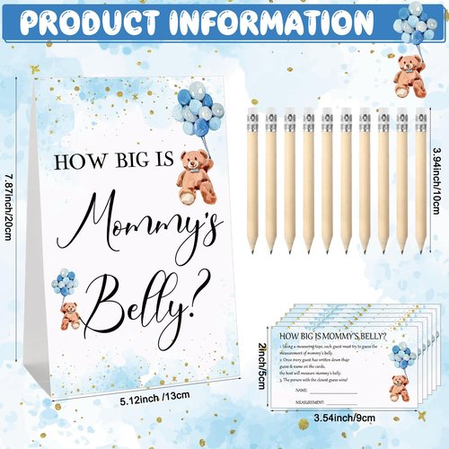 Sabary 64 Pcs Baby Shower Games Include How Big is Mommy's Belly Sign Measure Bump Game 50 Cards 10 Pencils 3 Measuring Tapes for Baby Shower Gender Reveal Party Supplies(Blue Bear)