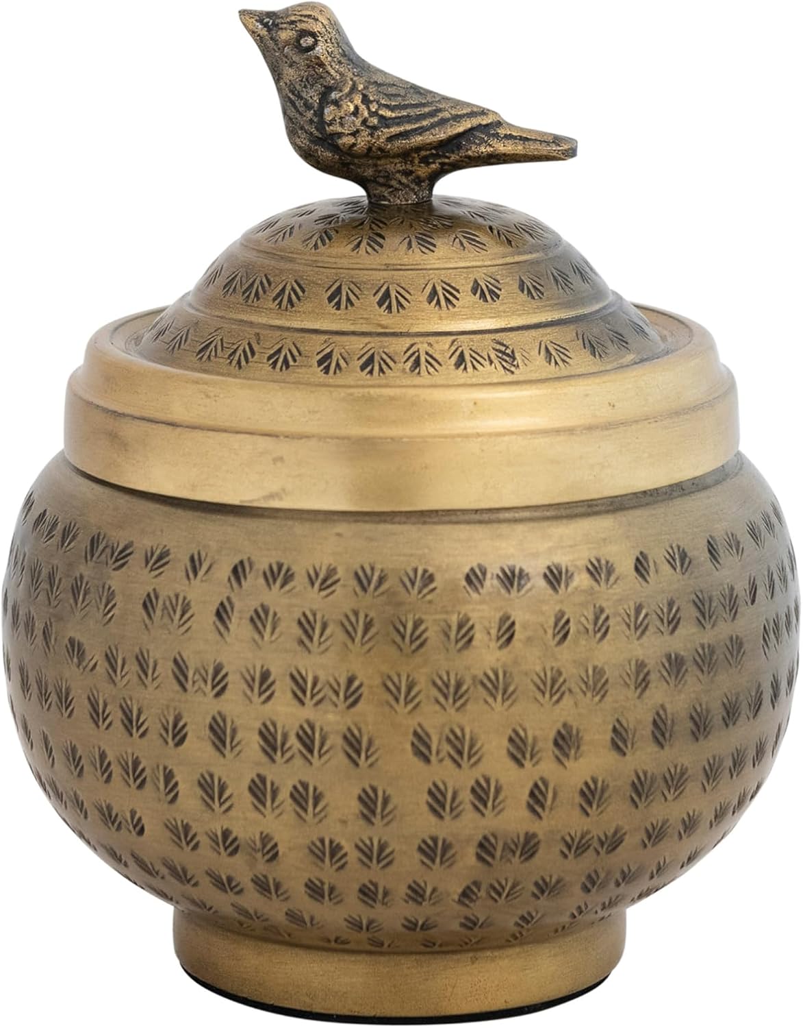 Round Hammered Metal Container - Elegant Bird Finial Design in Brass Finish
