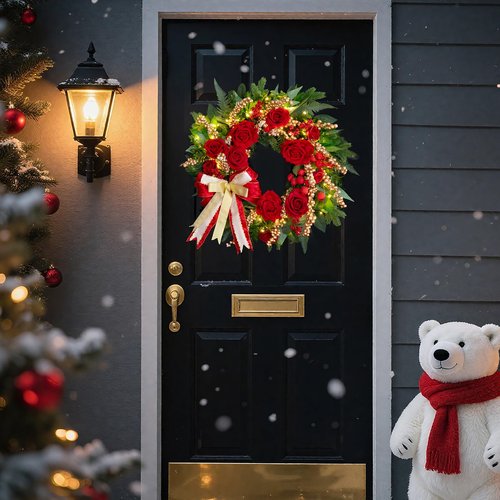 Pinkpuii Pre-lit Christmas Wreaths for Front Door 24 Inch- Outdoor Xmas Wreath with Lights, Lighted Valentine's Day Wreath with Red Roses,Golden Ball Ornament and Red Bow for Holiday Door Decorations