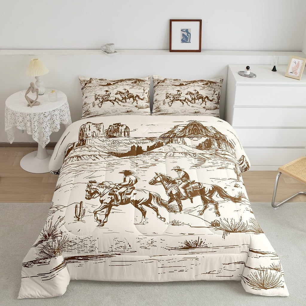 Erosebridal Cowboy Comforter Set Western Bedding Twin Size Wild West American Desert Hand Drawn Illustration Room Decor Down for Teens Boys Adults Men Girls Rustic Farmhouse Duvet Insert