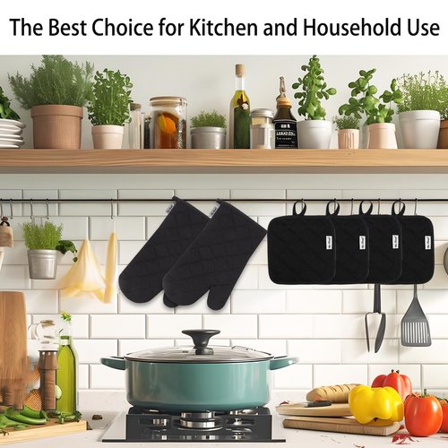 Win Change Oven Mitts and Pot Holders Sets,6 Pcs Oven Mitts and Potholders with Recycled Cotton High Heat Resistant Extra Thick Long Oven Mitts for Cooking(Black)