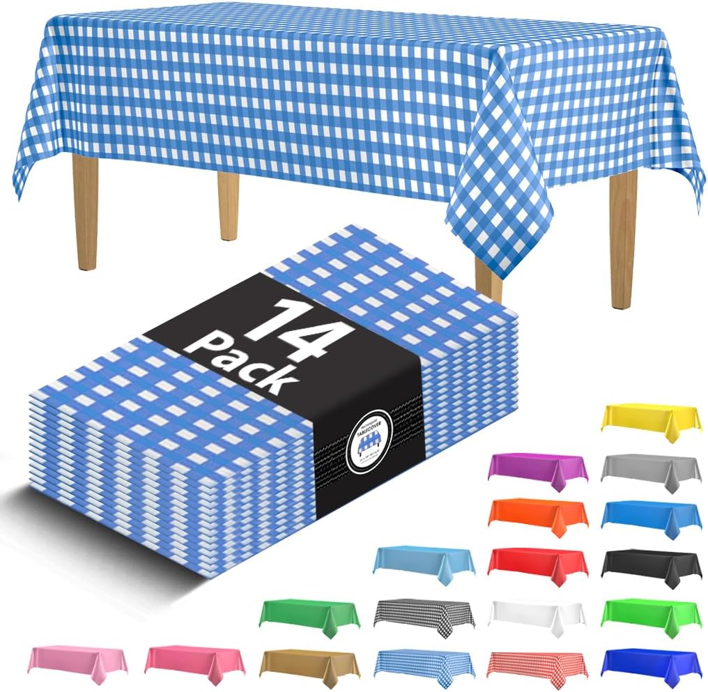 Skiennix 14-Pack Plastic Blue Gingham Checkered Picnic Tablecloths - 54x108 in. Disposable Covers for Parties, Weddings & Events