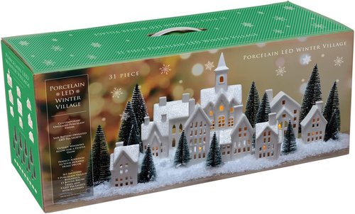 Mark Feldstein & Associates Winter Village LED Tea Light Set - 31-Piece Porcelain Christmas Figurines