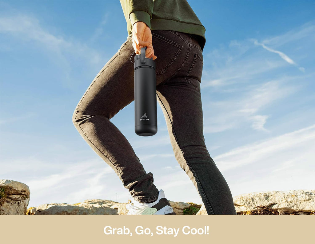 POWCAN Insulated Water Bottle - 26 oz Stainless Steel with 2-in-1 Straw & Spout Lid | Keeps Drinks Cold 24H, Leak-Proof, Fits Car Cup Holder (Ivory Porcelain)