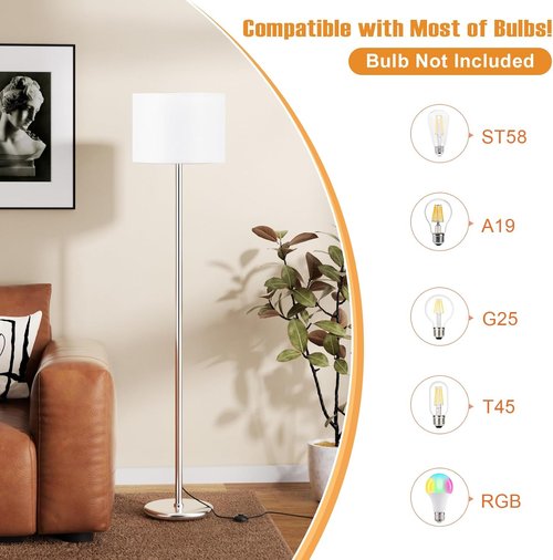 Ambimall 60'' Modern Floor Lamp - Stylish White Shade with Silver Pole for Living Room & Bedroom