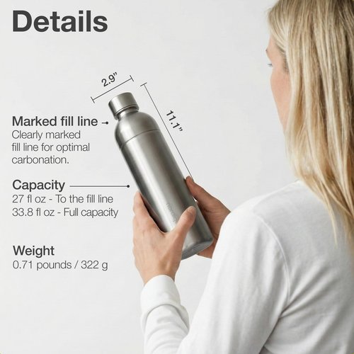 Nordiqo Premium 33 oz Stainless Steel Bottle | Compatible with Aarke Carbonator 3, SodaStream Duo & Plastic Bottle | No Expiry | Plastic-Free | 2x Steel