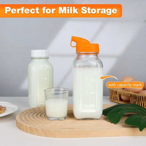 HINGWAH 4 Pack 16 OZ Glass Milk Bottles with Lids, Glass Juice Bottles with Scale & Silicone Pour Spout, Reusable Juice Containers Square Drinking Jars for Milk, Coffee, Smoothies, Water