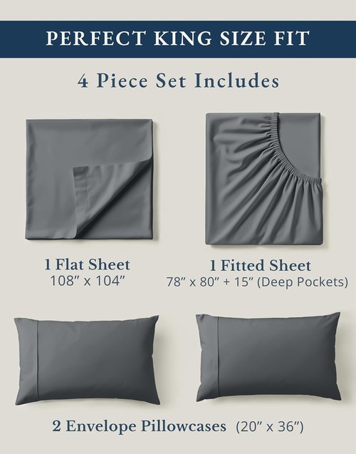 LANE LINEN 100% Organic Cotton King Size Sheets - Soft, Machine Washable, Eco-Friendly Charcoal