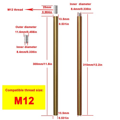 Haligate Brushed Brass M12 Threaded Extension Rod for Pendant Light, Island Lighting, Chandeliers,Lighting Fixture downrods & Stems,12 Inches 13.5mm OD (0.531″) x 300mm L (11.81″)