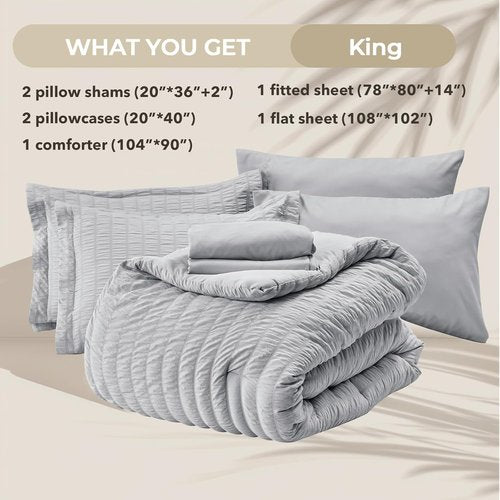 HYMOKEGE King Size Comforter Set - Luxury 7-Piece Seersucker Bedding in Light Grey for All Seasons
