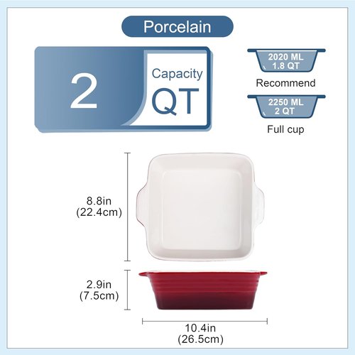 LOVECASA 8x8 Inch Non-Stick Baking Pan | 2 Quart Square Cake Dish with Handle - Red Ceramic Casserole Pan